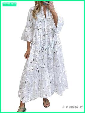 Women's V Neck Eyelet Embroidery Maxi Dress Lace 3/4 Trumpet Sleeve Button